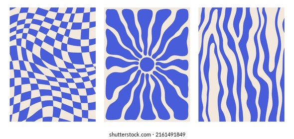 a set of three abstract vintage blue and white patterns. checkered, spotted distorted design for covers, postcards, posters, prints, tags. trendy retro 1970s style