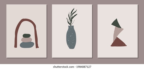 A set of three abstract wall art. Contemporary art. Vintage posters. Vector illustration.