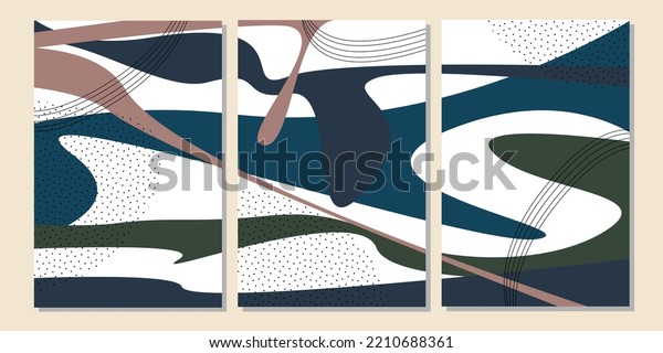 Set of three abstract wall art. Aesthetic geometry print poster. Unique wall decorations for living room and bedroom.