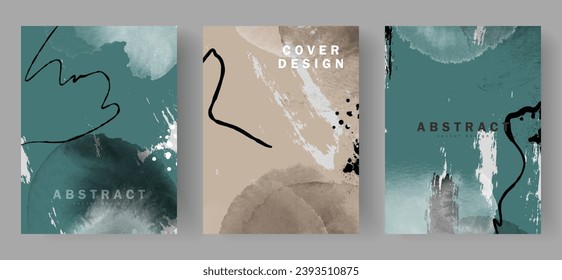 A set of three abstract watercolor designs in turquoise, beige and black tones with casual lines to create wallpapers, covers, backgrounds, posters and banners