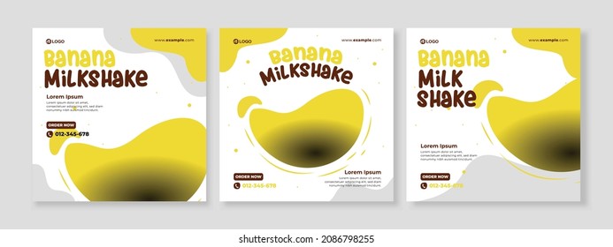 Set of three abstract wavy background of banana milkshake promotion banner social media pack template premium vector