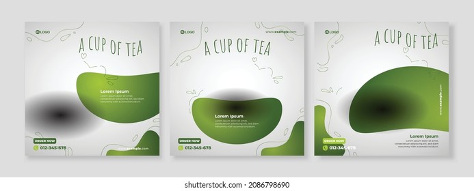 Juego de tres fondo ondulado abstracto del banner de promoción del té verde planilla de paquete de medios sociales premium vector