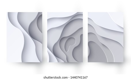 Set of three abstract white paper cut banners. Vector geometric layered backgrounds. Christmas waves holiday decorative papercut design