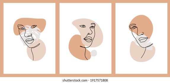 set of three abstract women's faces drawn in one line and decorated with shapes for feminist posters, fashion printables, cards, stickers, signs, invitations etc. EPS 10
