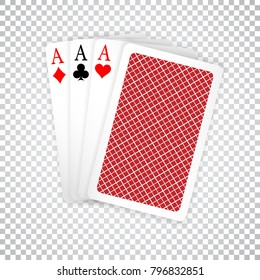 Set of three aces and one closed playing cards suits. Winning poker hand.