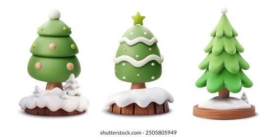 Set of three adorable 3D Christmas trees with festive decorations, perfect for holiday-themed projects and winter celebrations. Each tree features unique ornaments and snow-covered bases.