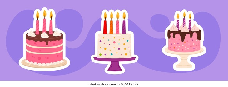 A set of three adorable birthday cake stickers with lit candles. Colorful and playful digital illustration in cartoon style, perfect for party decorations, prints, and digital assets