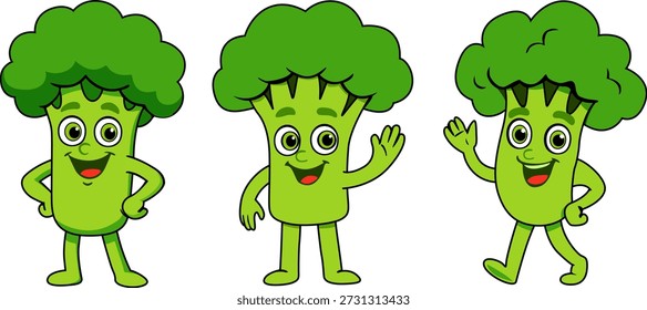 Conjunto de tres adorables mascotas de dibujos animados de brócoli con ojos expresivos y gestos alegres. Ideal para carteles de nutrición para niños, materiales escolares o diseños de temática vegetariana que promueven la comida saludable de una manera divertida