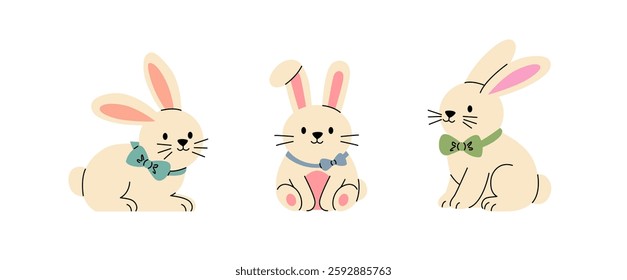 A set of three adorable cartoon rabbits in a minimalist flat style. Isolated light white hares in different playful poses with colorful stylish bow ties. Happy Easter cute bunny character. Vector 