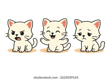 Um conjunto de três gatinhos adoráveis de cor creme, cada um exibindo uma emoção diferente