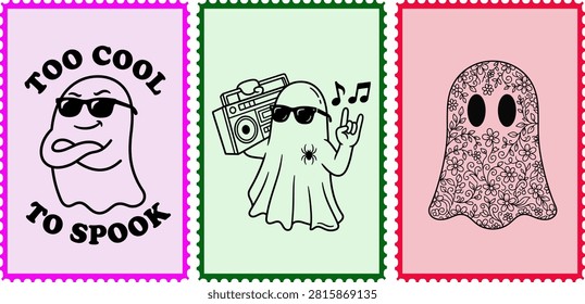 A set of three adorable ghost-themed stickers, each with a unique design, perfect for adding a playful touch to Helloween celebrations and crafts.