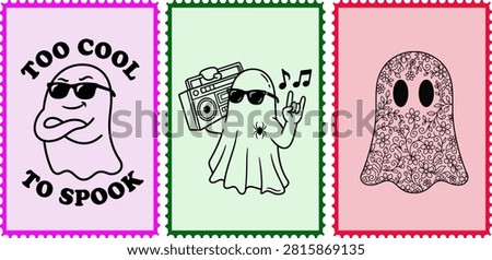 A set of three adorable ghost-themed stickers, each with a unique design, perfect for adding a playful touch to Helloween celebrations and crafts.