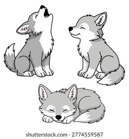 A set of three adorable gray cartoon wolf puppies featuring one howling at the moon, one sitting calmly, and one sleeping peacefully on a white background.