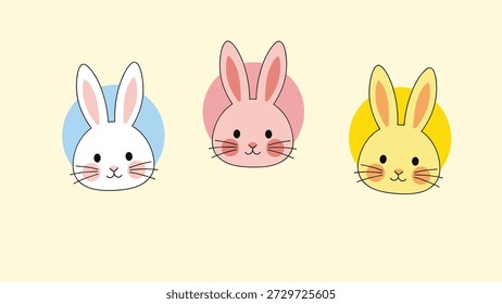 Set of three adorable rabbit heads in white, pink, and yellow colors with rosy cheeks, presented against simple colorful circular backgrounds.