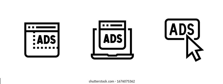 Conjunto de tres iconos de bloqueo de anuncios. Vector de línea editable. Monitor del equipo de Windows, portátil y haga clic en flecha. Pictograma único.