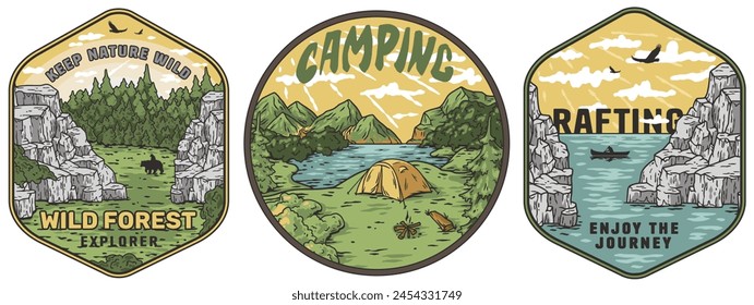 Set of three adventure badges featuring camping and rafting with outdoor wilderness landscapes, wild animals, tents, and water activities for nature and travel enthusiasts. Sticker pack.