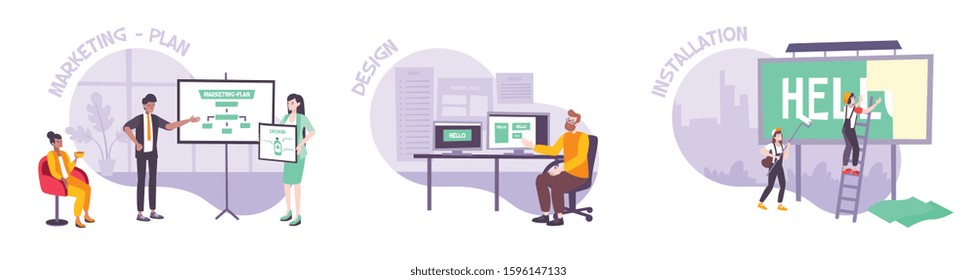 Set of three advertising compositions with flat landscapes text and doodle human characters of agency workers vector illustration