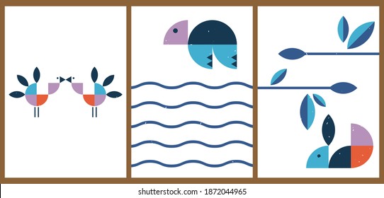 A set of three aesthetic animal backgrounds. Minimalistic posters for social networks, web design. Vintage abstract illustrations with geometric shapes, turkey, turtle, rabbit.