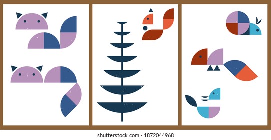 A set of three aesthetic animal backgrounds. Minimalistic posters for social networks, web design. Vintage abstract illustrations with geometric shapes, cat, squirrel, snail, duck, chameleon.