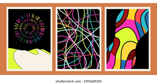 A set of three aesthetic bright posters with typographic templates. Minimalistic posters for social networks, cover design, brochures, web. Vintage abstract illustrations with geometric shapes, lines.