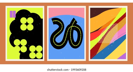 A set of three aesthetic bright posters with typographic templates. Minimalistic posters for social networks, cover design, brochures, web. Vintage abstract illustrations with geometric shapes, lines.