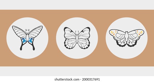 A set of three aesthetic circular posters. Different butterflies drawn with charcoal. Patterns on the wings. Cute insects for stories, social media profile avatars. Thin black outlines, bright spots.