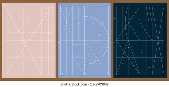 A set of three aesthetic geometric backgrounds with a grunge texture. Minimalistic posters for social networks, web design. Sketchy illustrations with with thin lines, circles and semicircles.