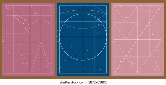 A set of three aesthetic geometric backgrounds with a grunge texture. Minimalistic posters for social networks, web design. Sketchy illustrations with with thin lines, circles and semicircles.