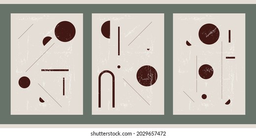 A set of three aesthetic geometric backgrounds. Minimalistic posters for social media, cover design, web, home decor. Trendy vintage illustrations with shapes, circles, semicircles, lines.