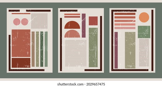 Un conjunto de tres bases geométricas estéticas. Afiches minimalistas para medios sociales, diseño de portadas, web, decoración doméstica. Ilustraciones vintage de moda con formas, círculos, semicírculos, líneas.