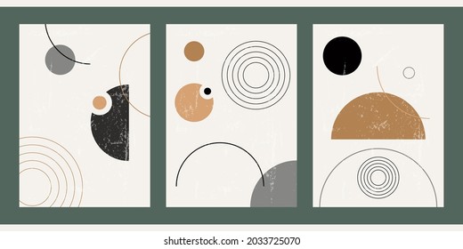 A set of three aesthetic geometric backgrounds. Minimalistic vertical posters for social media, cover design, web, home decor. Trendy vintage illustration with shapes, circles, lines, grunge texture. 