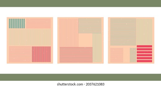 A set of three aesthetic geometric backgrounds. Minimalistic square posters for social media, cover design, web, home decor. Trendy vintage illustrations with shapes, lines, grunge texture. 