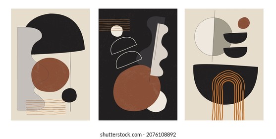 A set of three aesthetic geometric backgrounds. Minimalistic posters for social media, cover design, web, and home decor. Modern illustrations with stripes, shapes, circles, semicircles and lines.