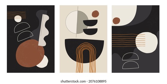 A set of three aesthetic geometric backgrounds. Minimalistic posters for social media, cover design, web, and home decor. Modern illustrations with stripes, shapes, circles, semicircles and lines.