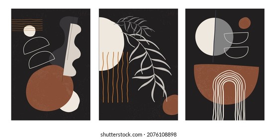 A set of three aesthetic geometric backgrounds. Minimalistic posters for social media, cover design, web, and home decor. Modern illustrations with stripes, shapes, circles, semicircles and lines.