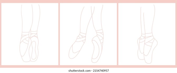 Set of three aesthetic linear women ballet poses standing in pointe shoes. Under knee capture. Pink on white background