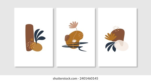 Set of three aesthetic organic shapes wall art. Boho wall decorations for home. Use for wall print, wallpaper, home decorations and art deco.