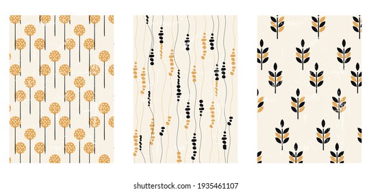 A set of three aesthetic posters. Backgrounds for interior design, social media, marketing, advertising, covers. Vintage illustrations in a minimalist style with plants, doodles, various shapes.