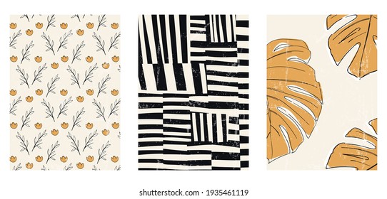 A set of three aesthetic posters. Backgrounds for interior design, social media, marketing, advertising, covers. Vintage illustrations in a minimalist style with plants, doodles, various shapes.