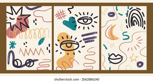A set of three aesthetic posters. Backgrounds for interior design, social media, marketing, advertising, covers. Vintage illustrations in a minimalist style with eyes, doodles, various shapes.