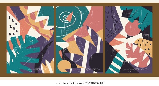 A set of three aesthetic posters. Backgrounds for interior design, social media, marketing, advertising, covers. Vintage illustrations in a minimalist style with plants, doodles, various shapes.