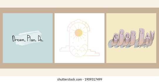 A set of three aesthetic posters with text templates. Minimalistic posters with positive phrases for social media, cover design, web. Vintage illustrations with geometric shapes, gradients, lines.