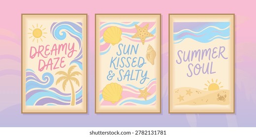 Set of three aesthetic summer wall art posters featuring beach elements like palm trees, seashells, starfish, crab, and sun with trendy typography.