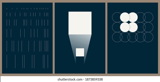 Eine Reihe von drei ästhetischen Vintage-Hintergrundmustern. Minimalistische Plakate für soziale Medien, Webdesign. Skizzenhafte Illustrationen mit dünnen Linien und geometrischen Farbverläufen.