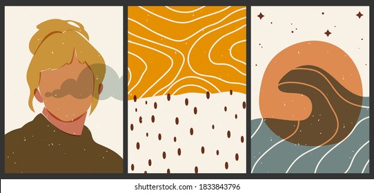 A set of three aesthetic vintage backgrounds. Abstract posters in pastel colors for social media. Transparent silhouettes of female faces. Trendy illustration with geometric shapes, sea, sun, clouds.