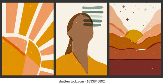 A set of three aesthetic vintage backgrounds. Abstract posters in pastel colors for social media. Transparent silhouettes of female faces. Trendy illustration with geometric shapes, mountains, sun.