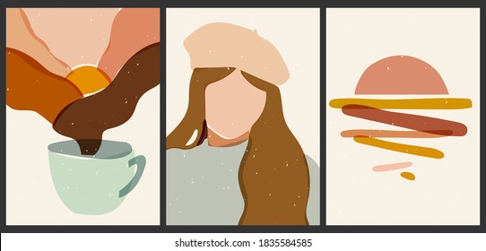 A set of three aesthetic vintage backgrounds. Abstract posters in pastel colors for social networks. Transparent silhouettes of female faces. Trendy illustration with geometric shapes, coffee mug, sun