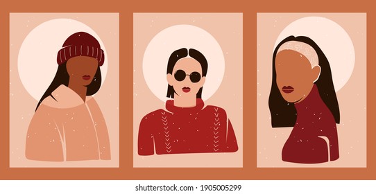 A set of three aesthetic vintage backgrounds with a grunge effect. Abstract posters for social networks, web design. Silhouettes of female faces. Fashion illustrations with beautiful girls.