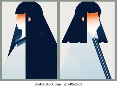 A set of three aesthetic vintage backgrounds with gradient. Abstract posters for social networks, web design. Silhouettes of female faces. Fashion illustrations with beautiful girls.