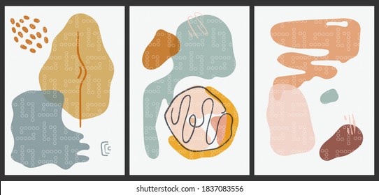 A set of three aesthetic vintage Japanese-patterned backgrounds. Abstract posters for social networks, web design. Fashion illustrations with donut, geometric shapes, smudges, dots.